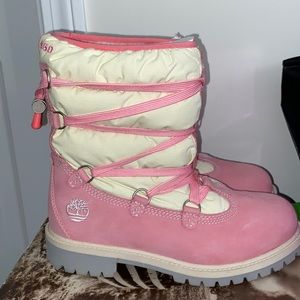 Pink and cream timberland snow boots